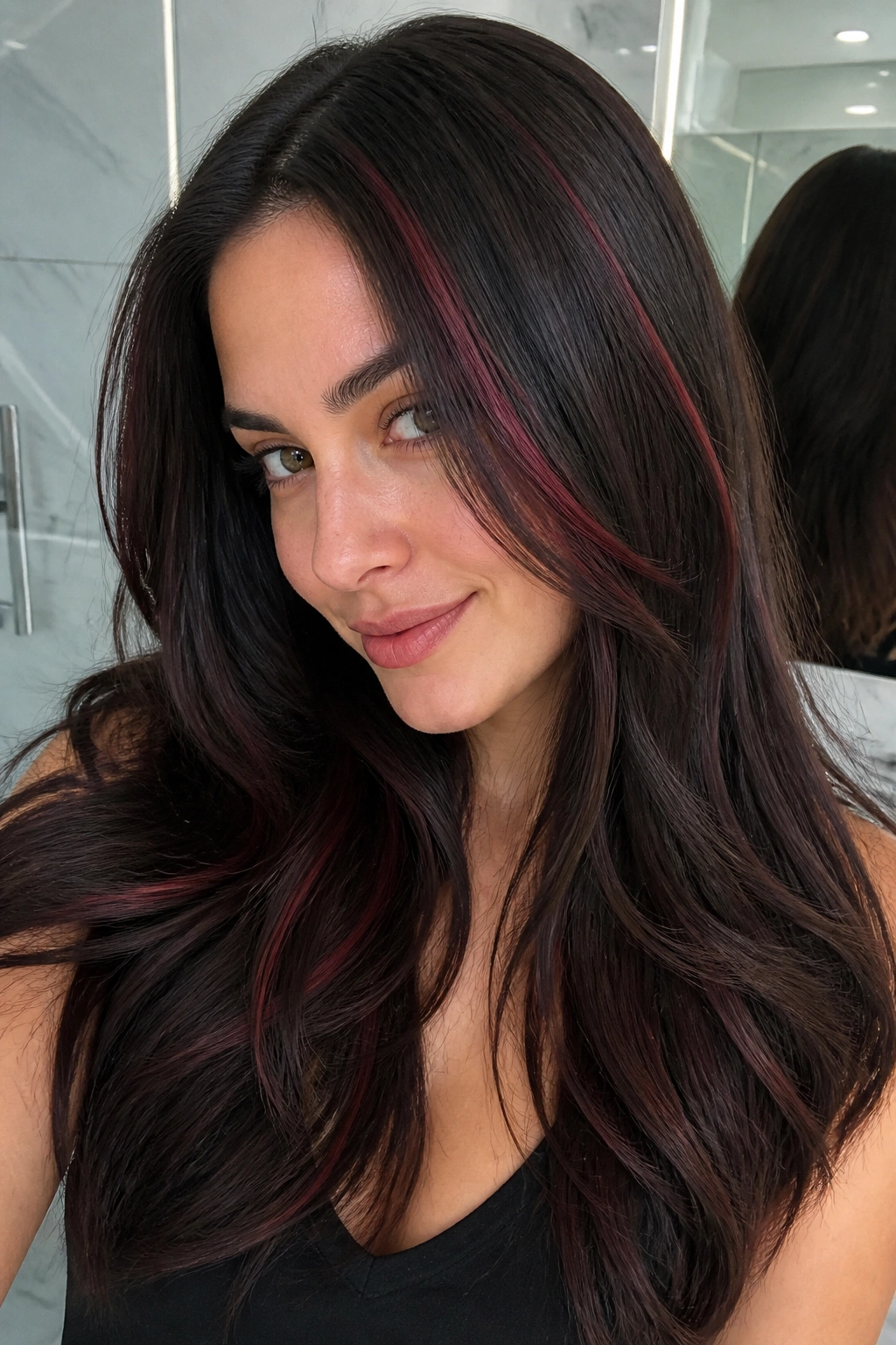 Close-up of a real person with Dark Chocolate Brown with Thin Cherry Ribbons hair, dark base with narrow cherry ribbons.