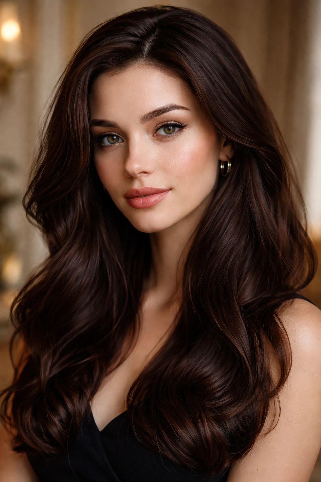 Real person with dark chocolate chestnut hair and glossy finish.