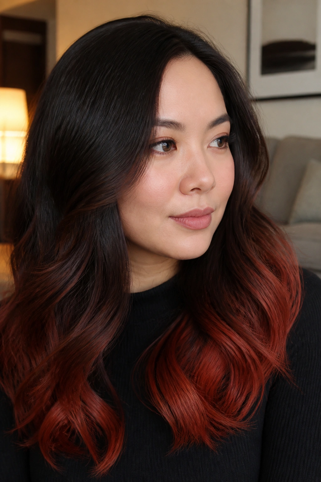 Close-up of dark chocolate brown hair with cinnamon-red ends