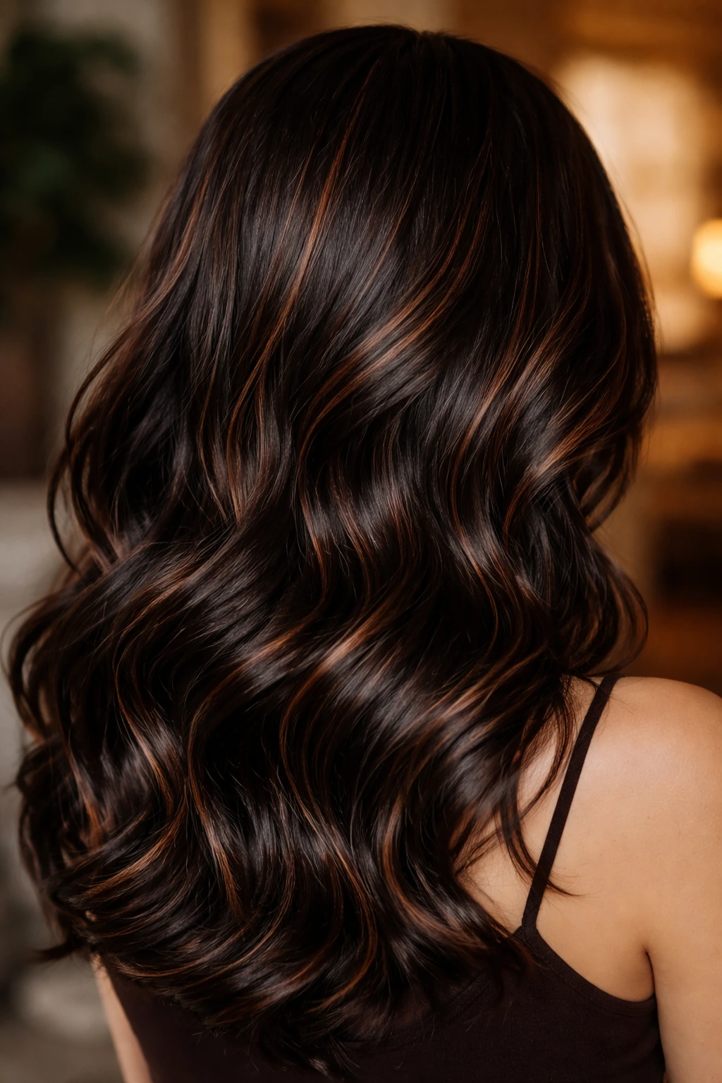 Dark chocolate brown hair with sparse copper highlights