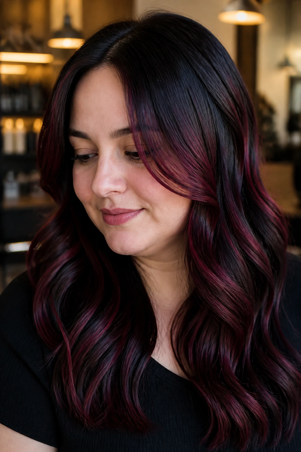 Close-up of a real woman's hair with dark chocolate base and cranberry ribbons woven through.