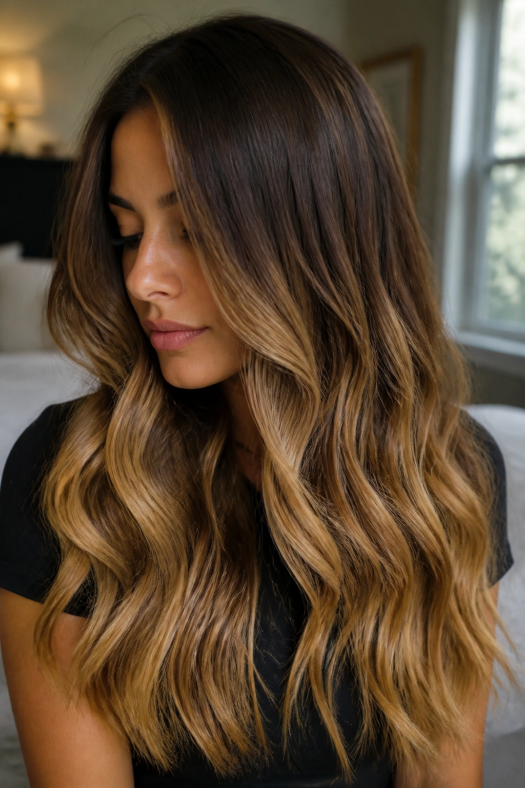 Close-up of long wavy hair gradient from dark chocolate brown to honey blonde on a real person