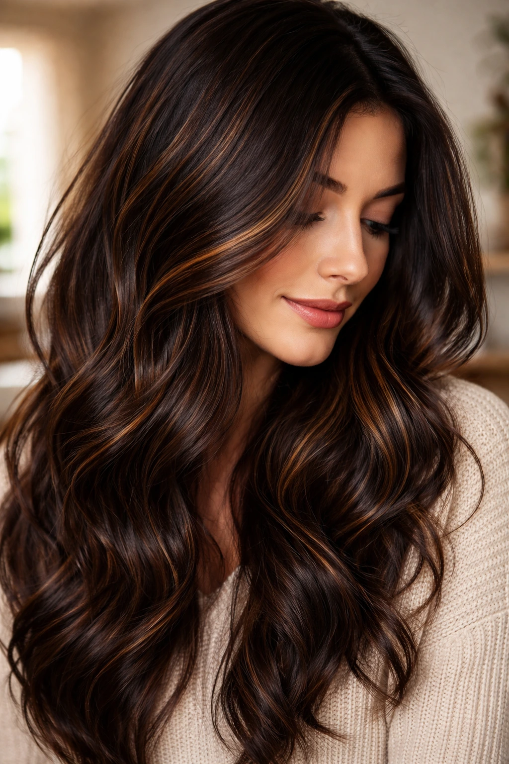 Close-up of dark chocolate brown hair with honey accent highlights catching light