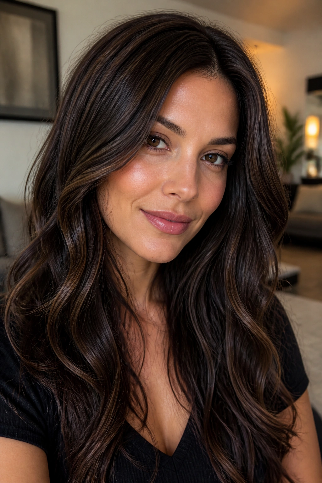 Portrait of a woman with dark chocolate hair and cool lowlights