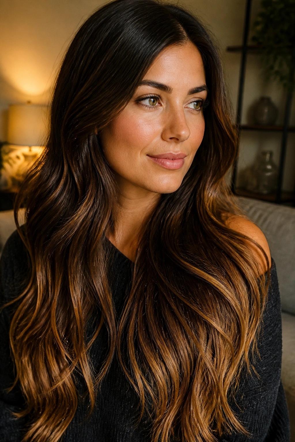 Portrait of a woman with dark chocolate brunette and honey-glazed ends