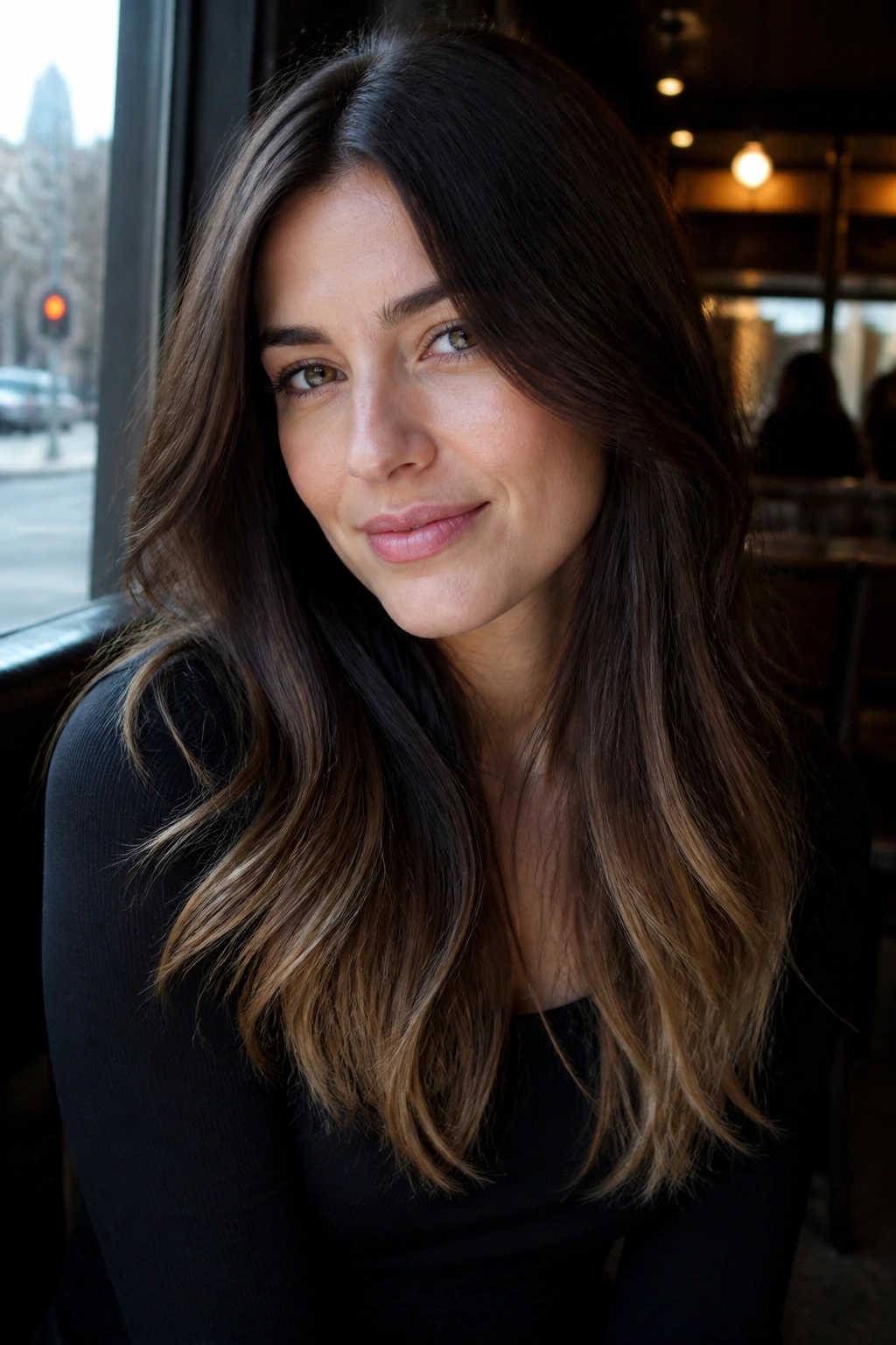 Close-up of a real woman with dark chocolate brunette and iced caramel tips.