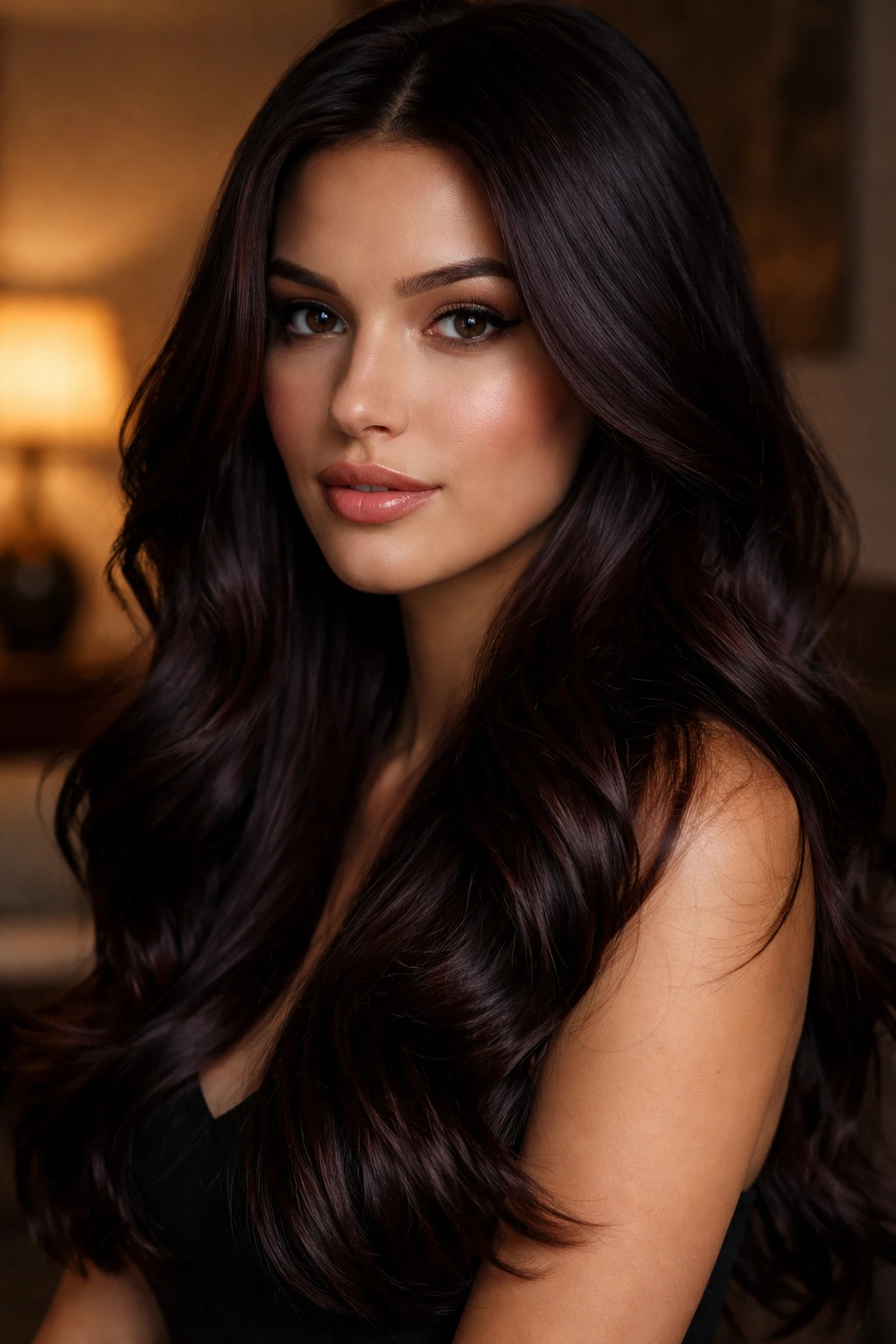 Close-up of a real woman with deep, dark chocolate mahogany hair.