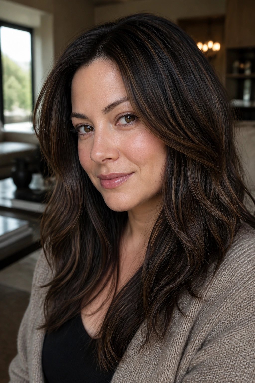 Close-up portrait of a real woman showing dark chocolate hair with micro-babylights