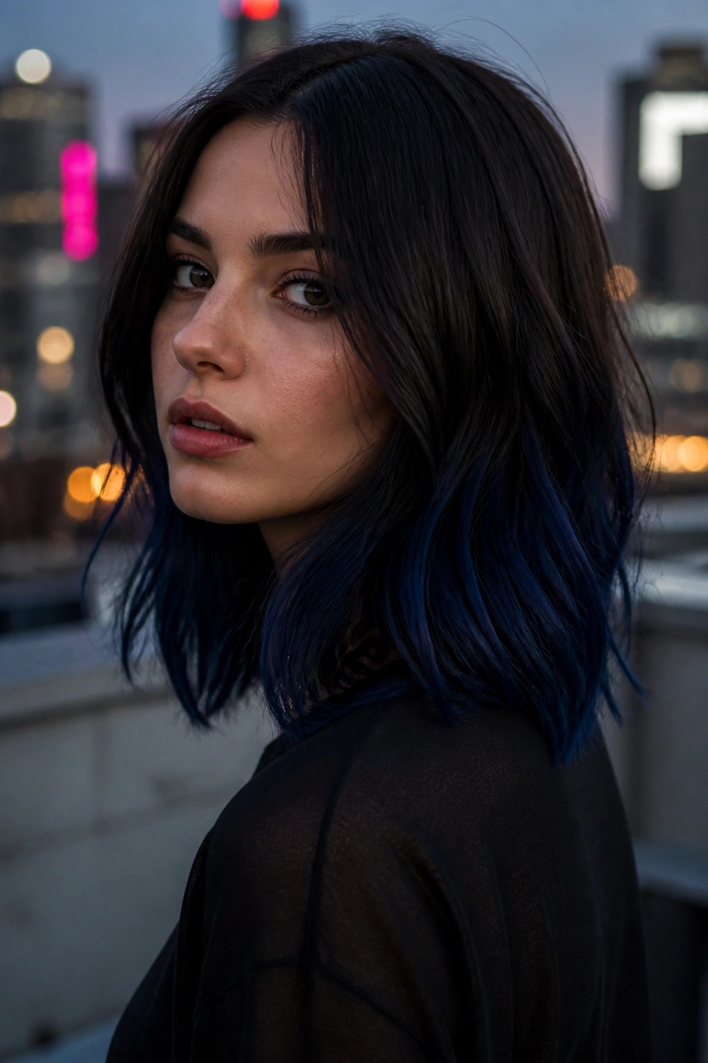 Close-up portrait of a real person with dark chocolate roots and midnight blue ends.