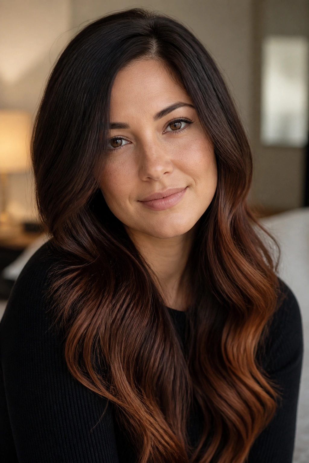 Close-up of dark chocolate to copper-brown ombre with soft waves on a real person