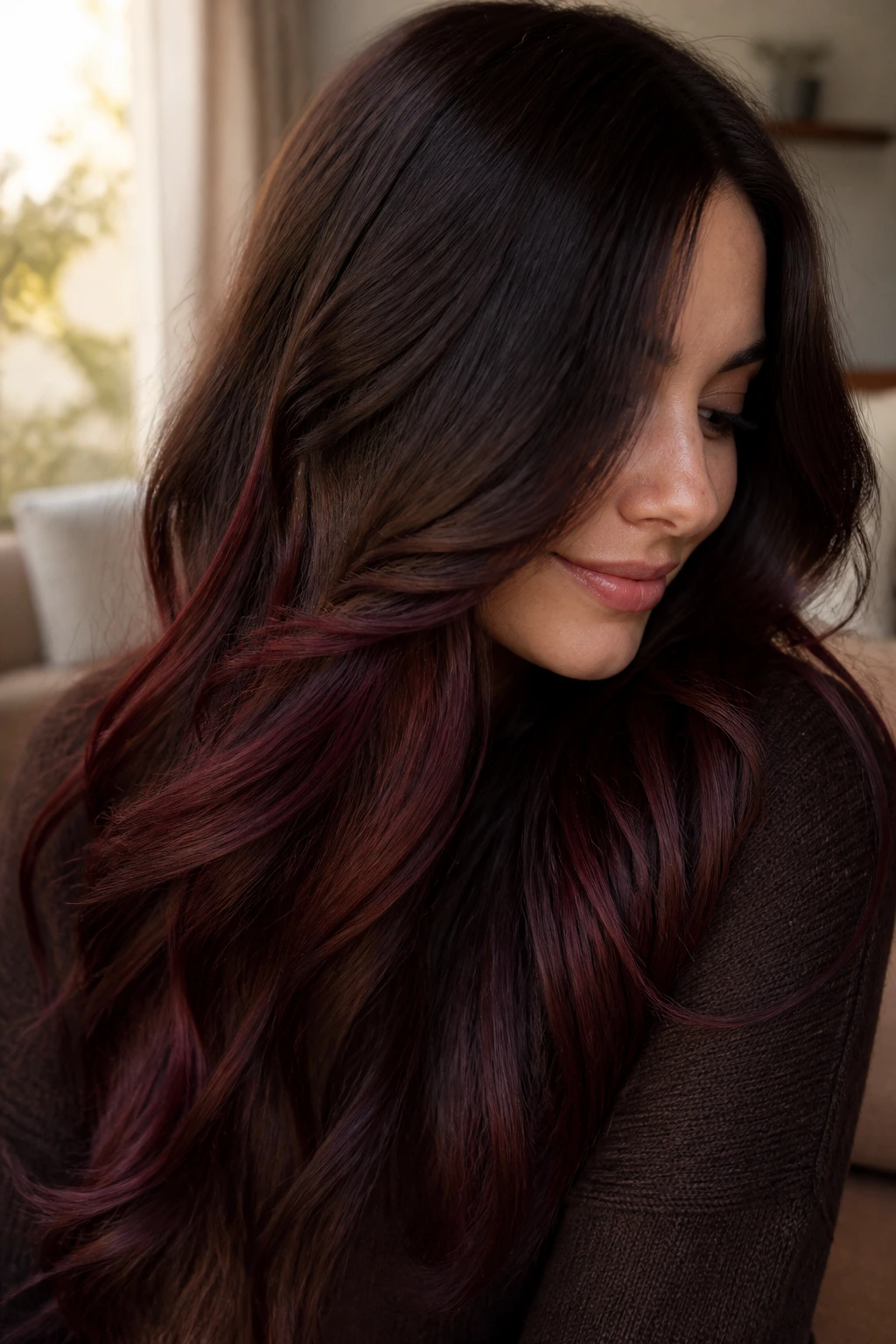 Close-up of dark chocolate hair with a subtle red wine veil in natural light