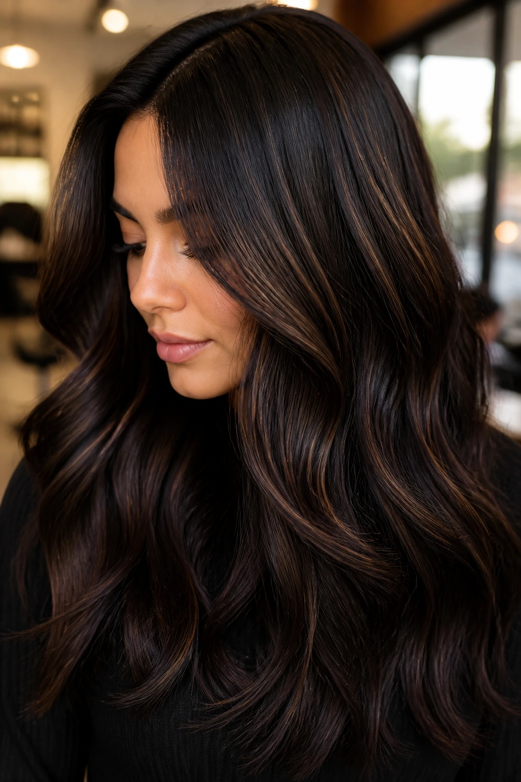 Close-up of a real brunette with deep chocolate ribbons woven through hair, showing glossy multi-dimensional brown