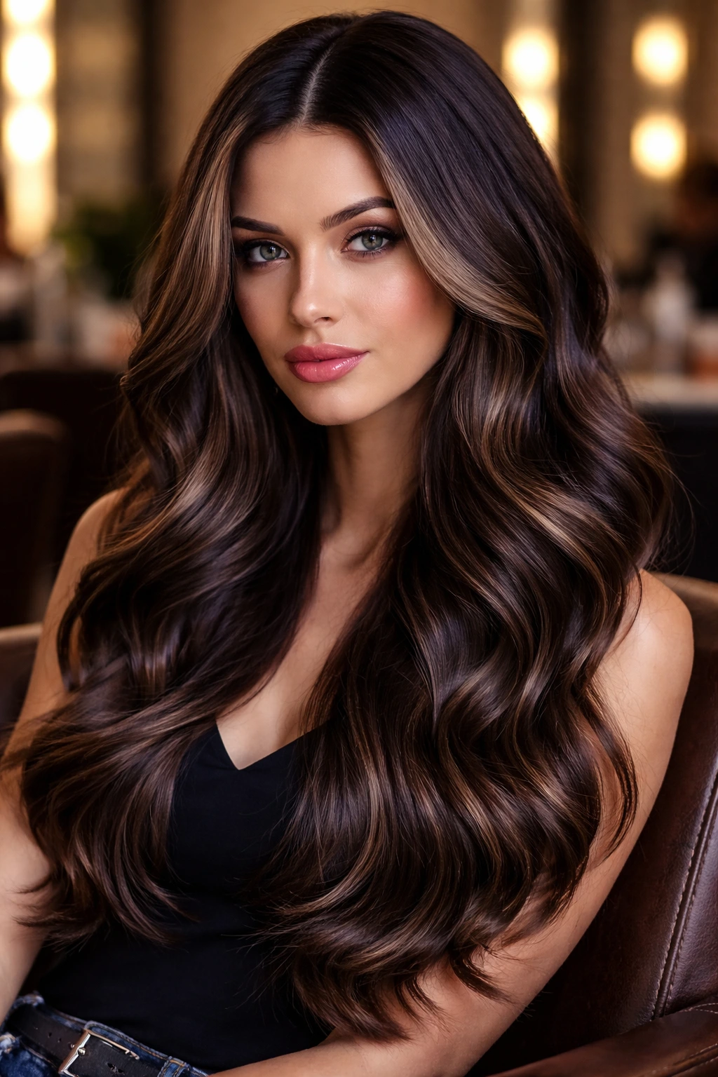 Close-up portrait of a real woman with dark chocolate hair and cool ash ribbon lights