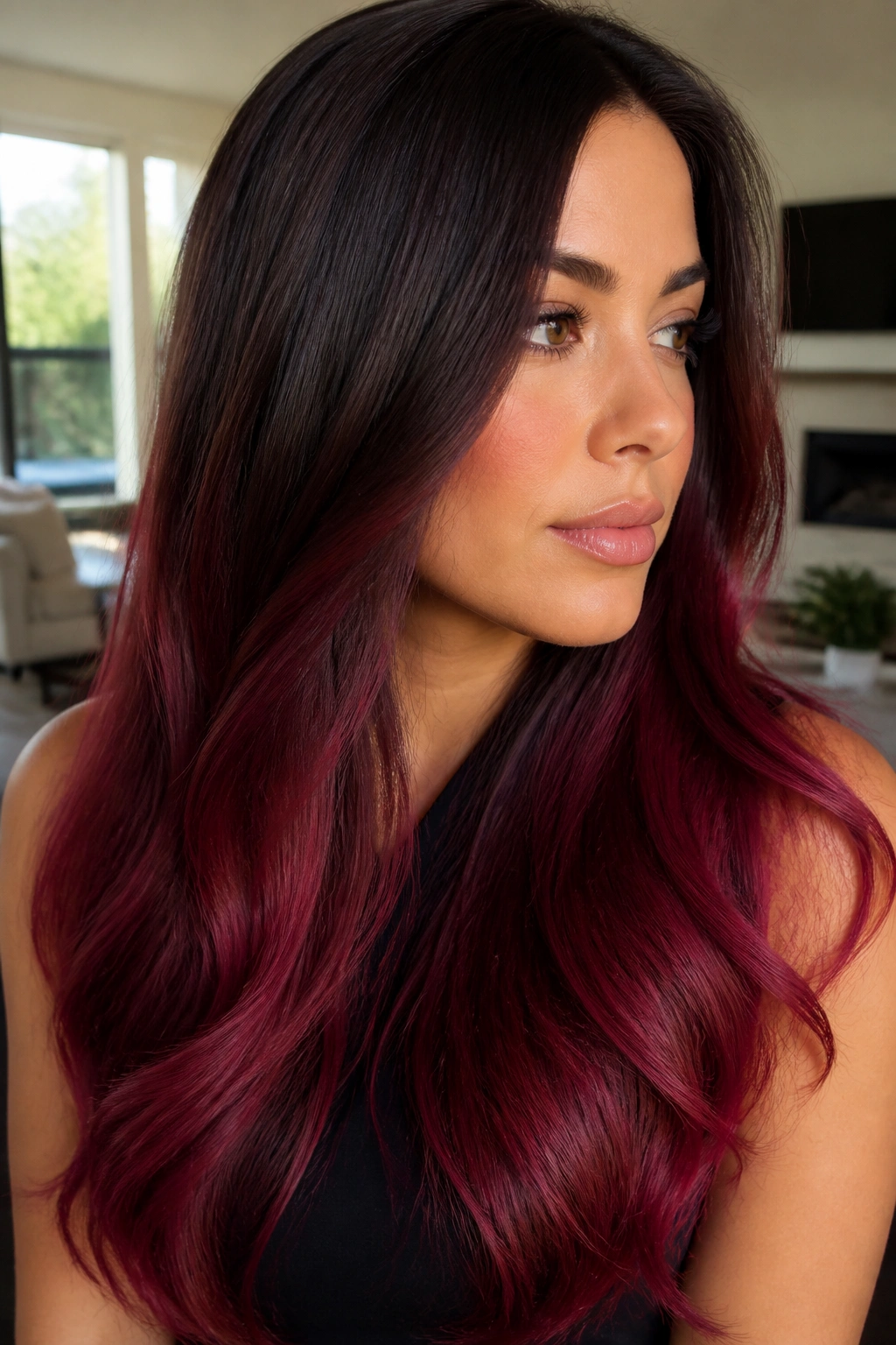 Close-up of dark chocolate roots and pomegranate ends on long hair