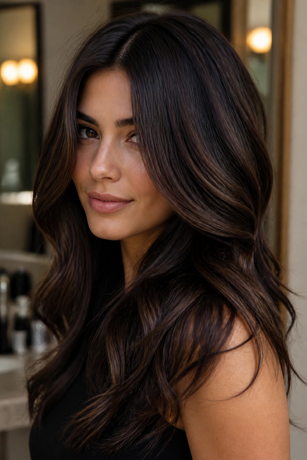 Portrait of a brunette with dark chocolate gloss and sable lowlights on cool skin.
