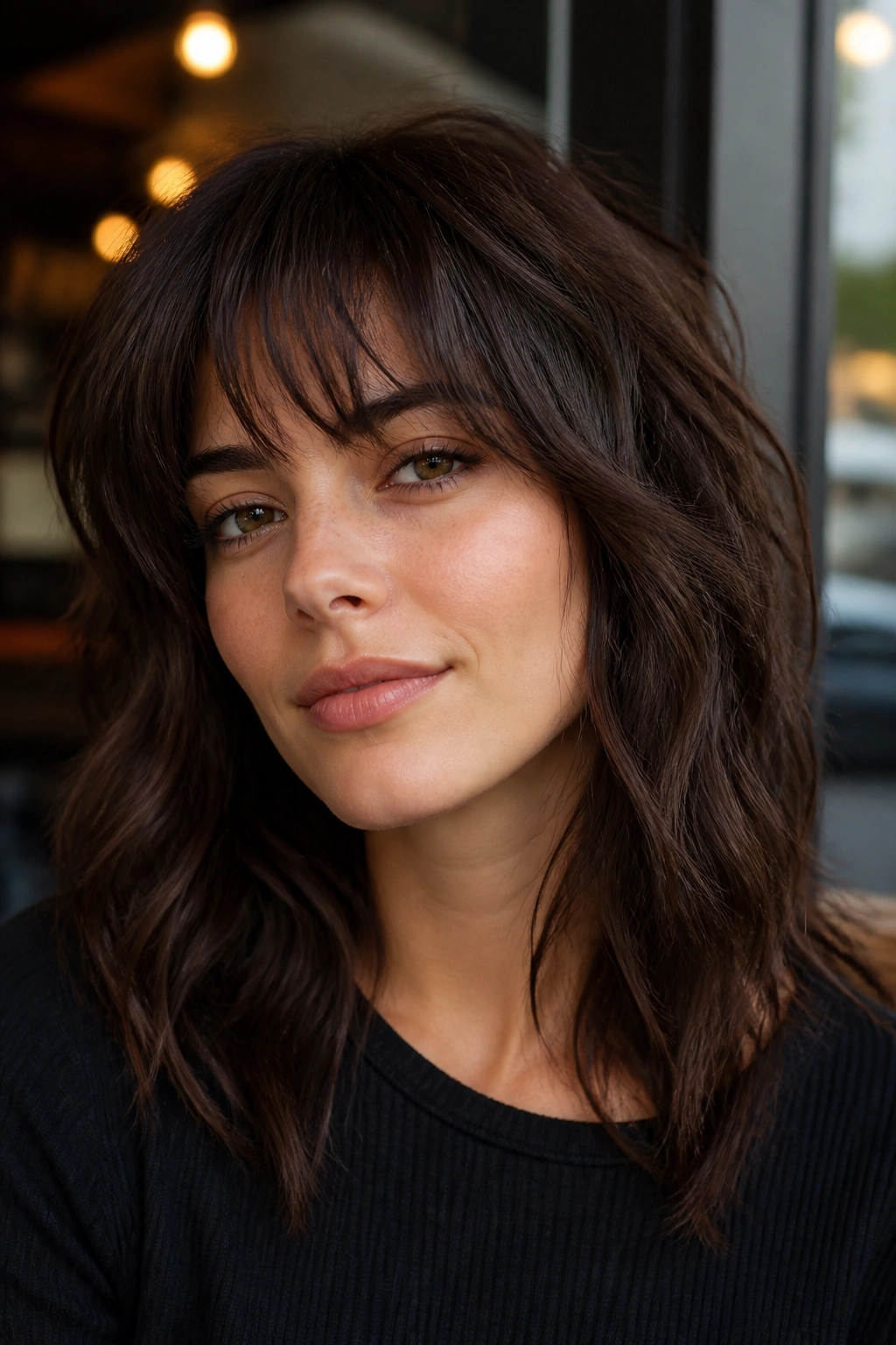 Real woman with dark chocolate shag and wispy fringe in natural light.