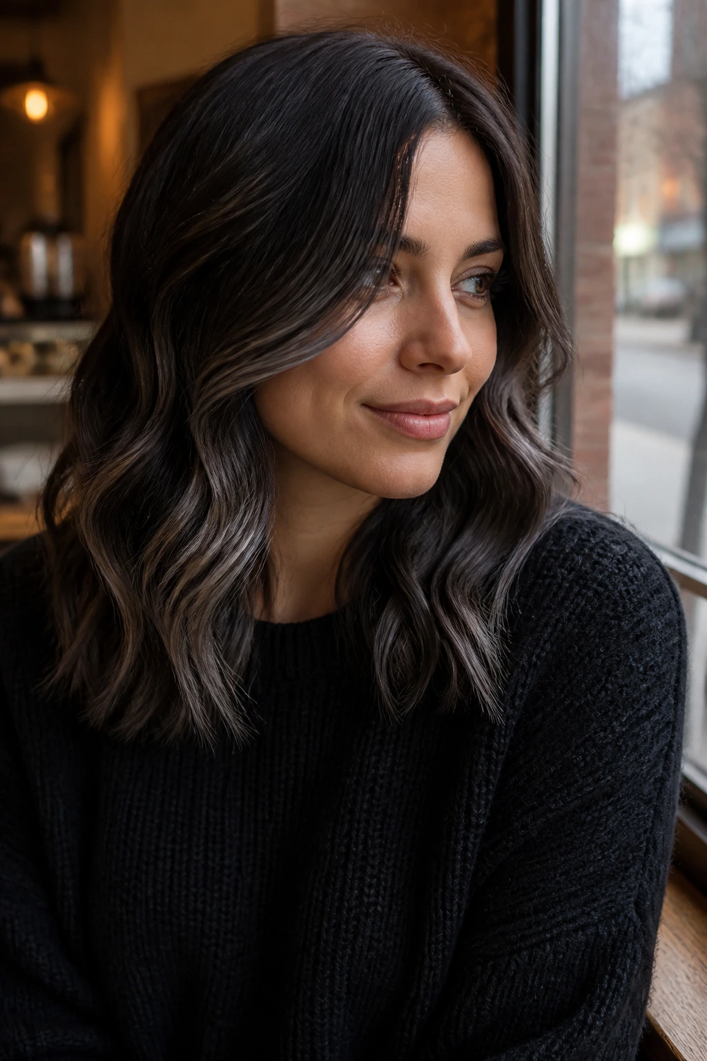 Close-up of real woman with dark chocolate hair and slate swirls