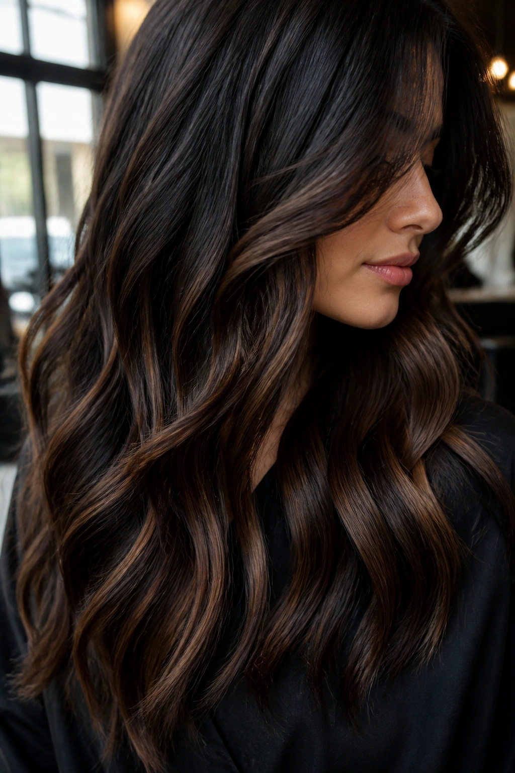 Close-up portrait of brunette with dark chocolate underlights beneath the surface