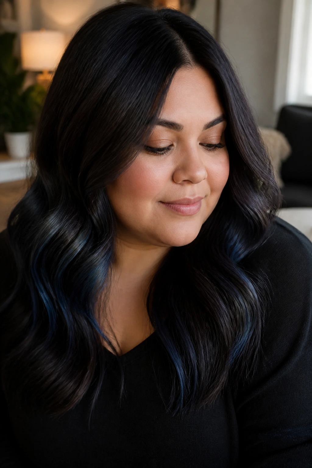 Close-up of hair with dark cocoa base and blue-black shadow root