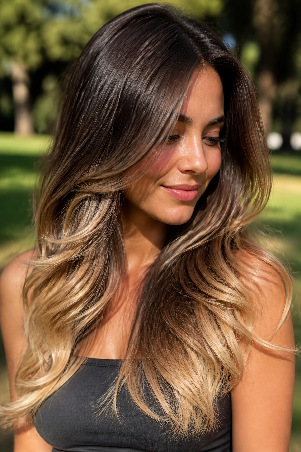 Real woman with dark cocoa to buttery blonde layered ombré in outdoor setting