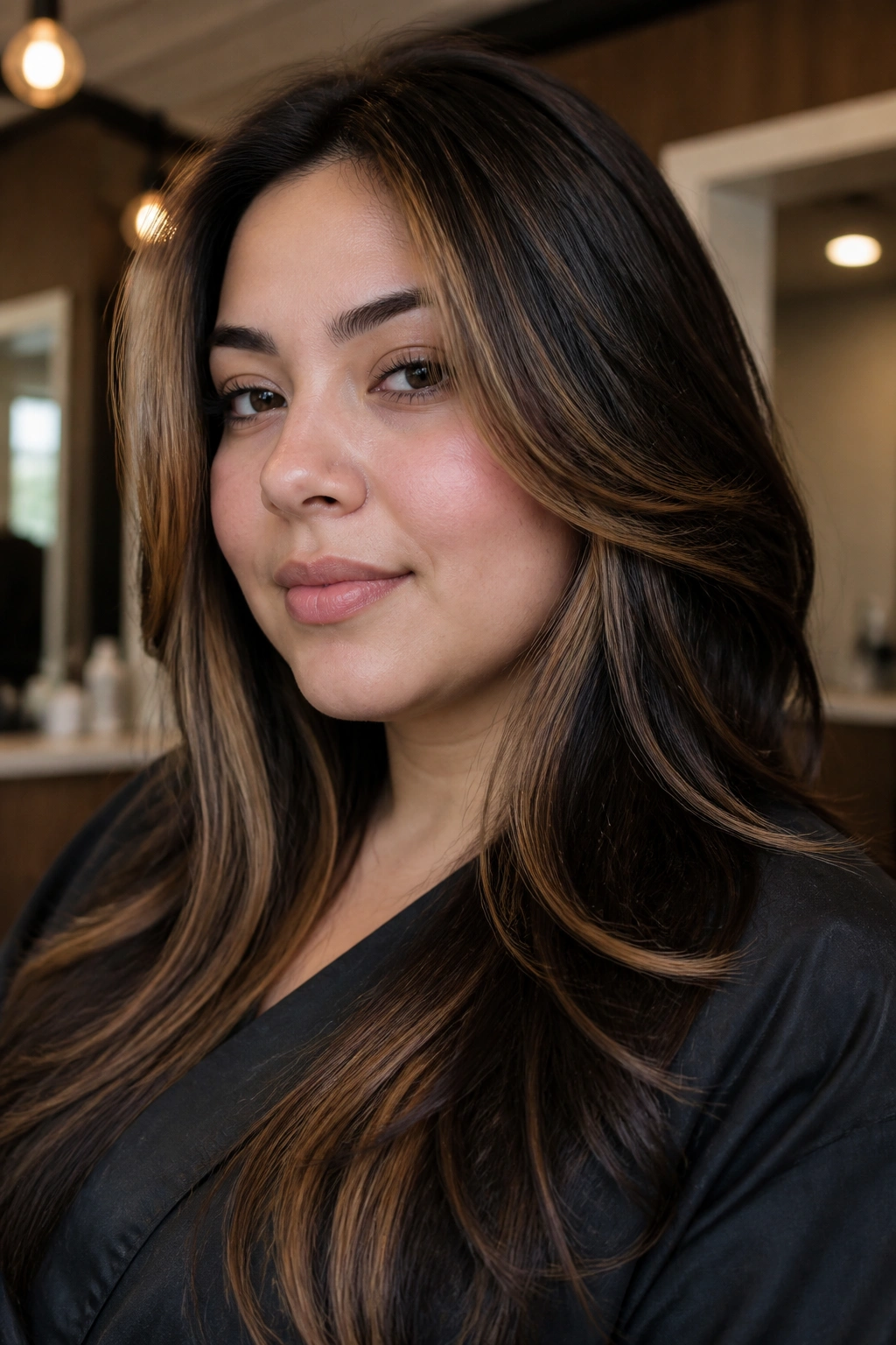 Close-up of a real woman's hair with dark contour lowlights and caramel accents framing the face in a salon
