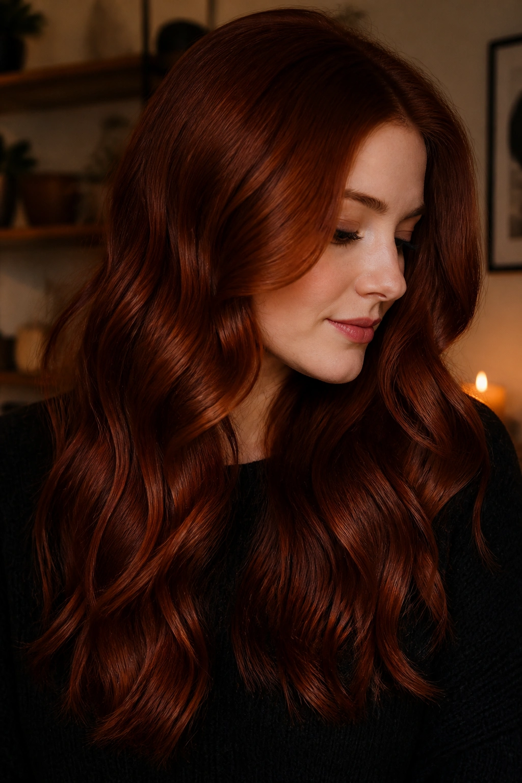 Portrait of real person with dark copper auburn velvet hair in moody lighting