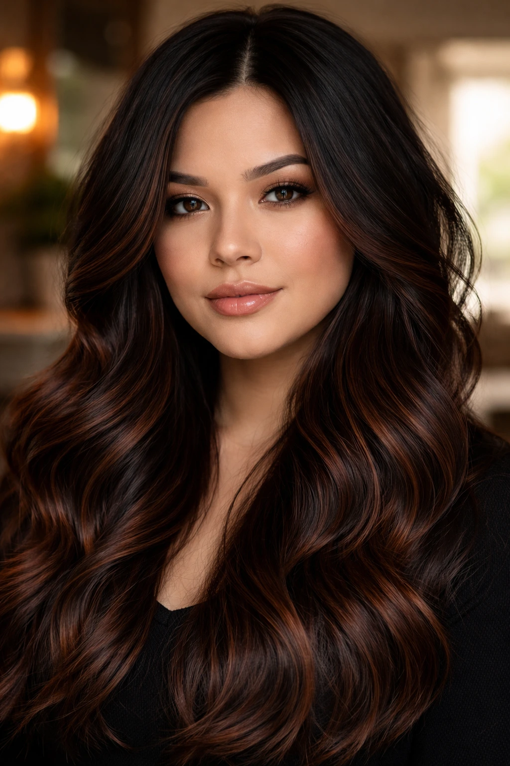 Close-up portrait of a real woman with dark copper balayage on black hair