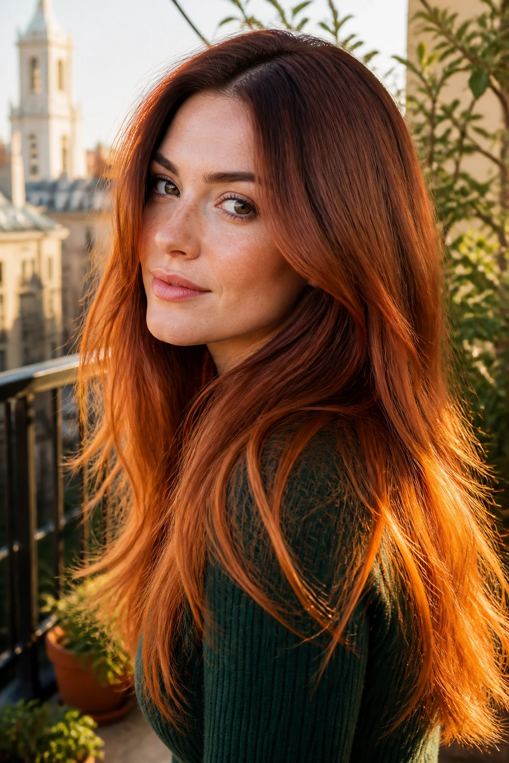 Portrait of a woman with dark copper hair and bright ends in long layers