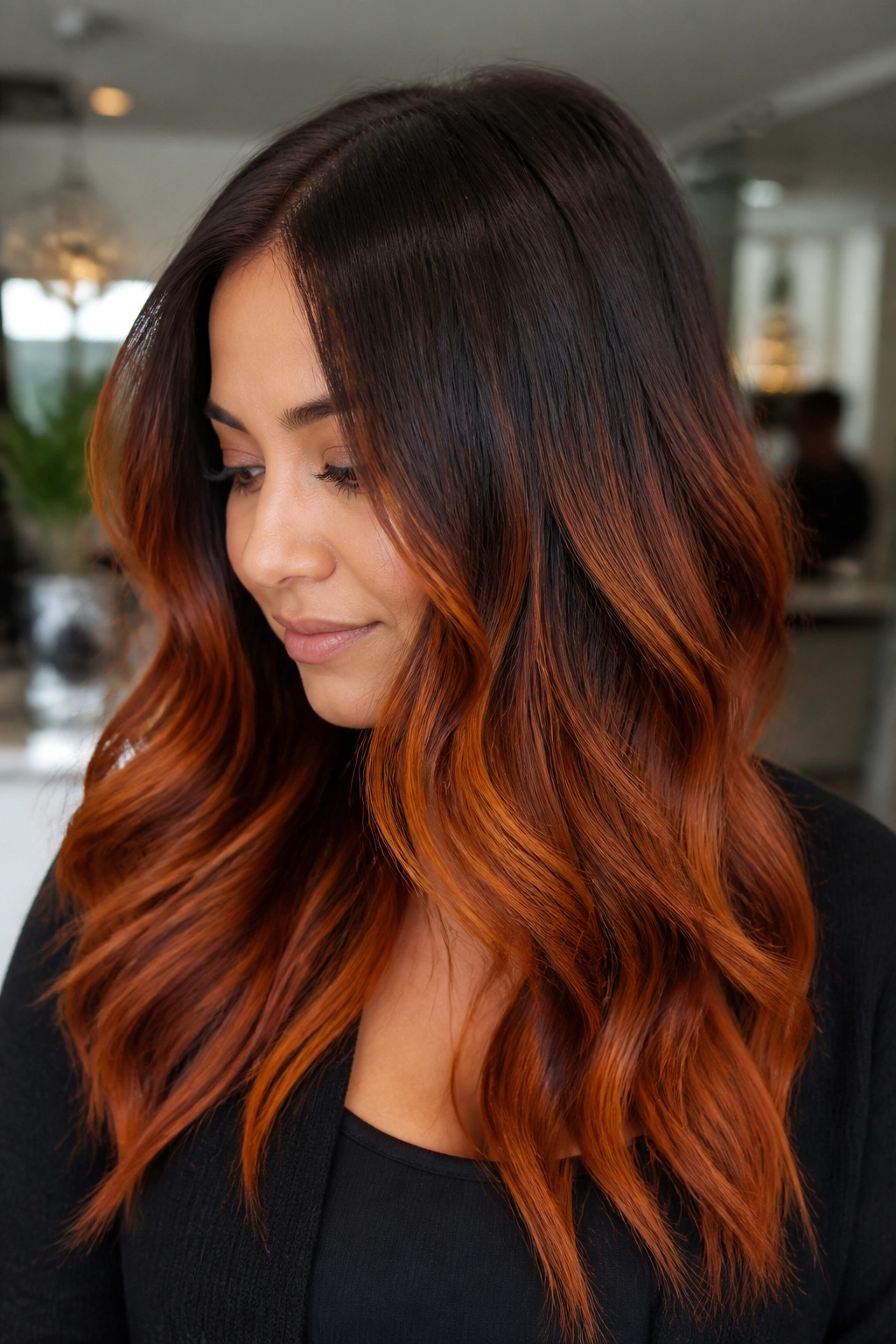 Close-up of a real woman with dark copper melt and shadow root