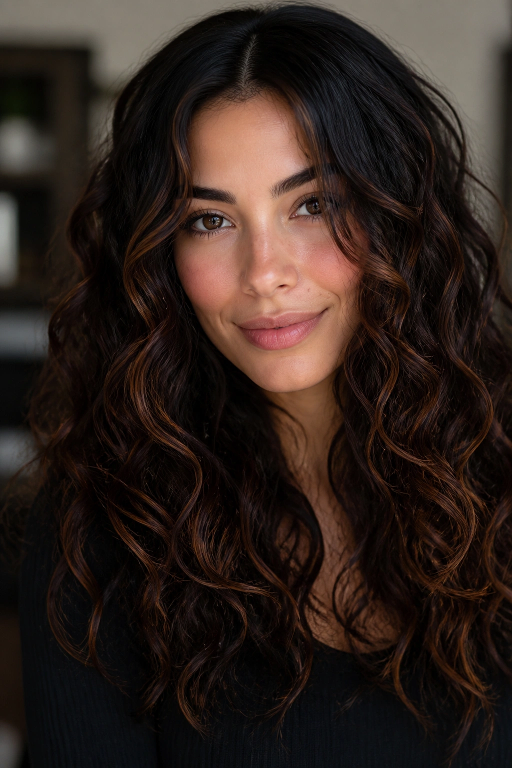 Portrait of a person with a dark espresso base and thin copper threads