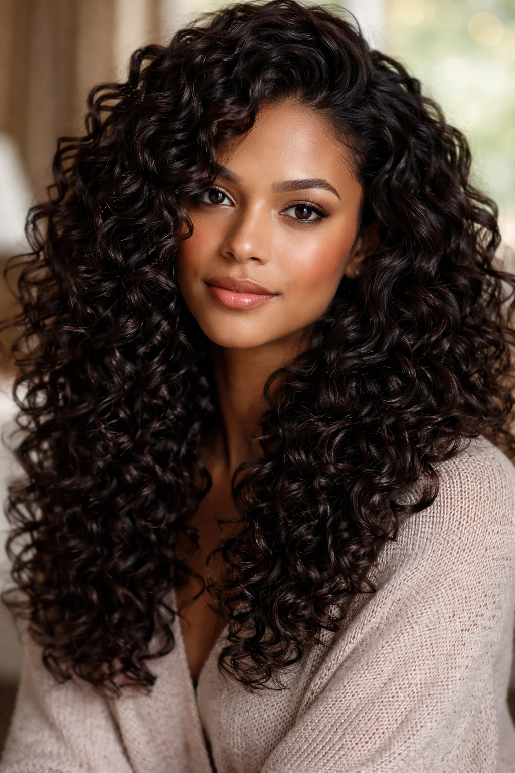 Close-up real woman with dark espresso curls in warm window light