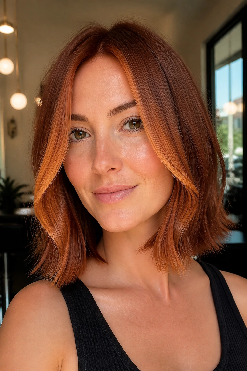 Dark ginger lob with thin face-framing ribbons on a real woman