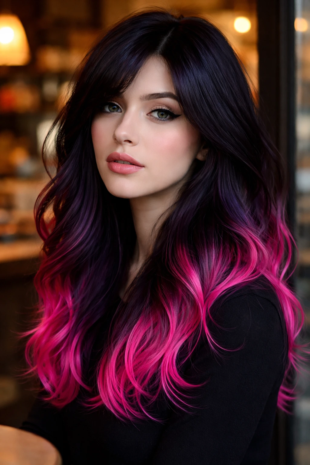 Close-up portrait of a real person with dark grape hair and neon pink tips in warm cafe light