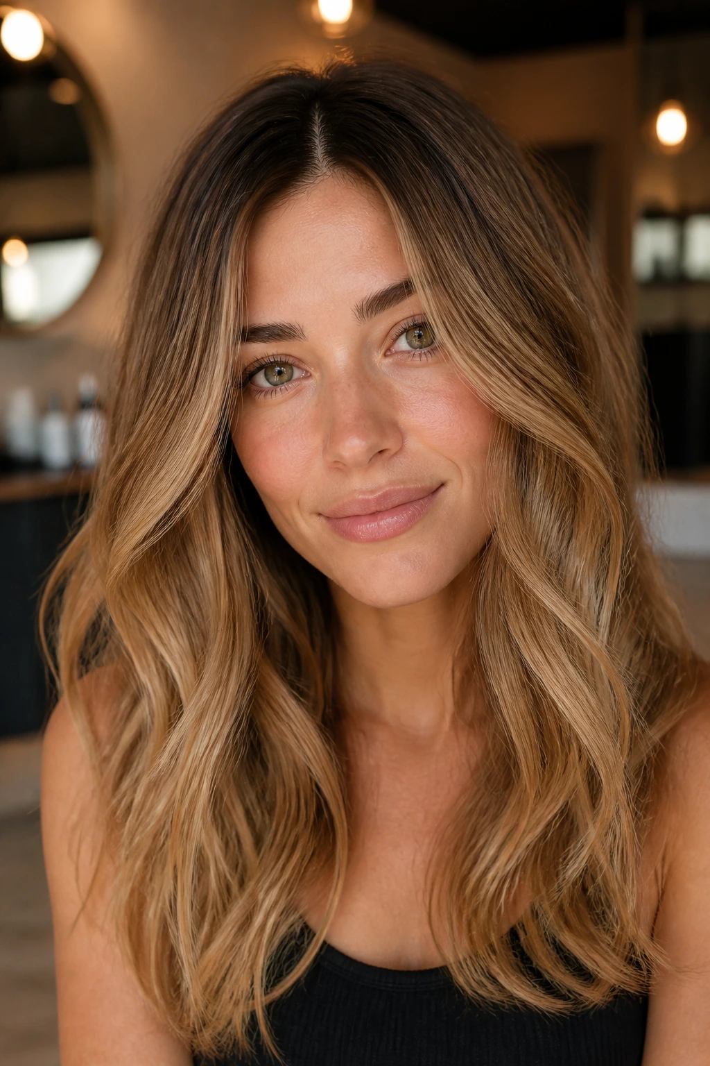 Close-up of a real person with dark honey blonde hair and a shadow root in warm indoor light