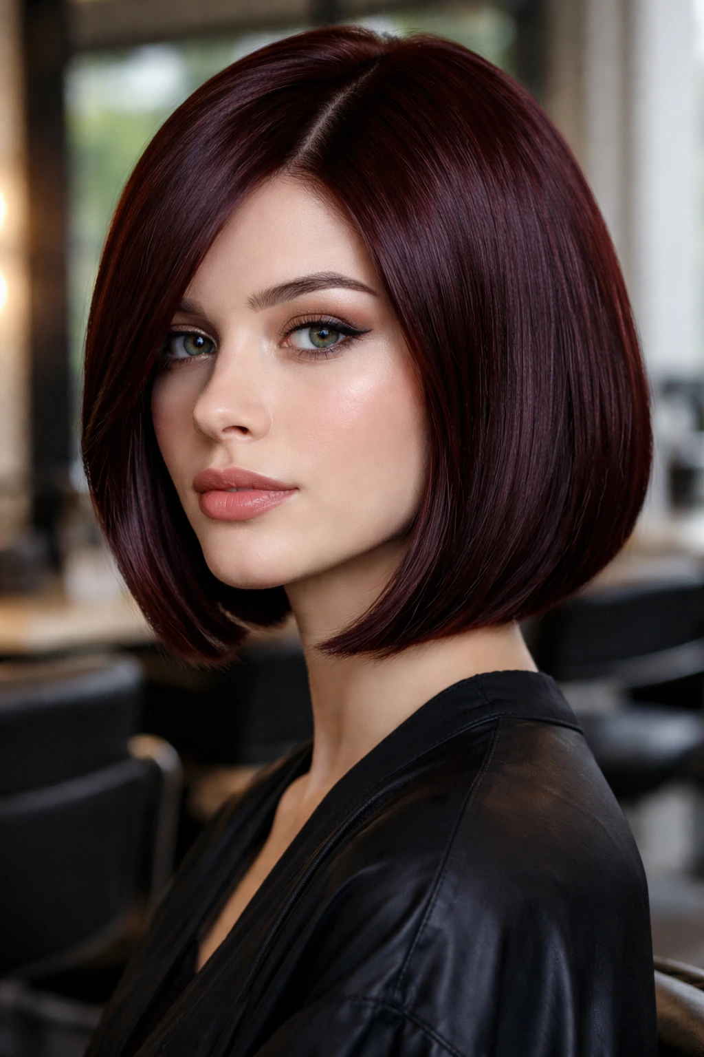 Close-up portrait of a real person with full-coverage dark mahogany hair in a short blunt cut