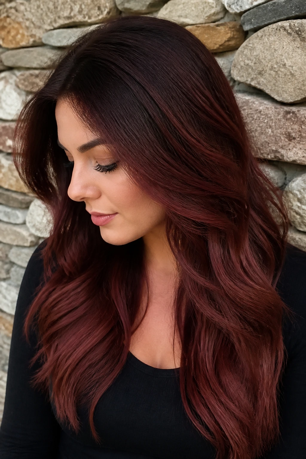 Close-up of a real woman with dark mahogany shadow root on long hair