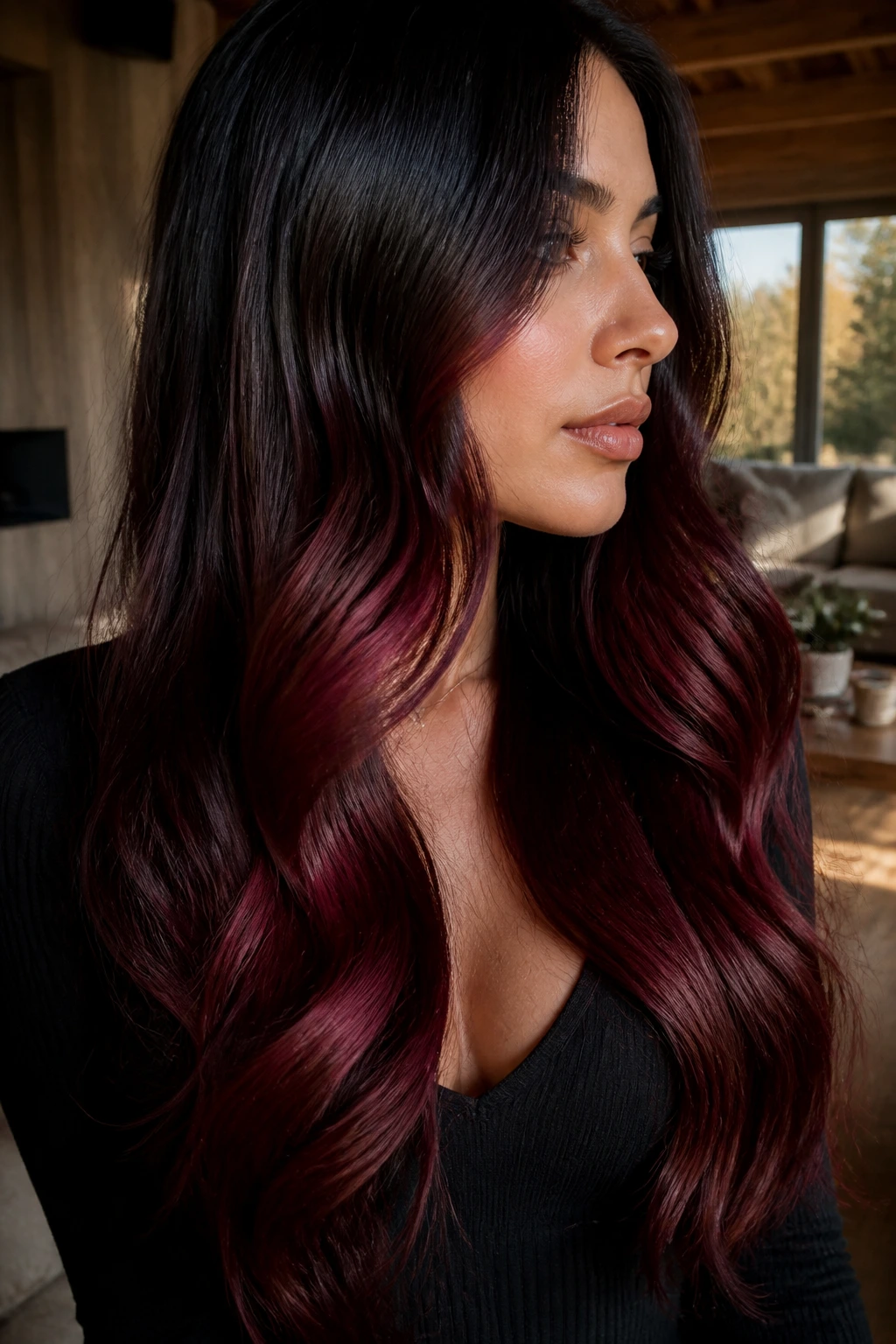 Close-up of a real woman with dark merlot S-curve ombre on long hair in soft backlight.