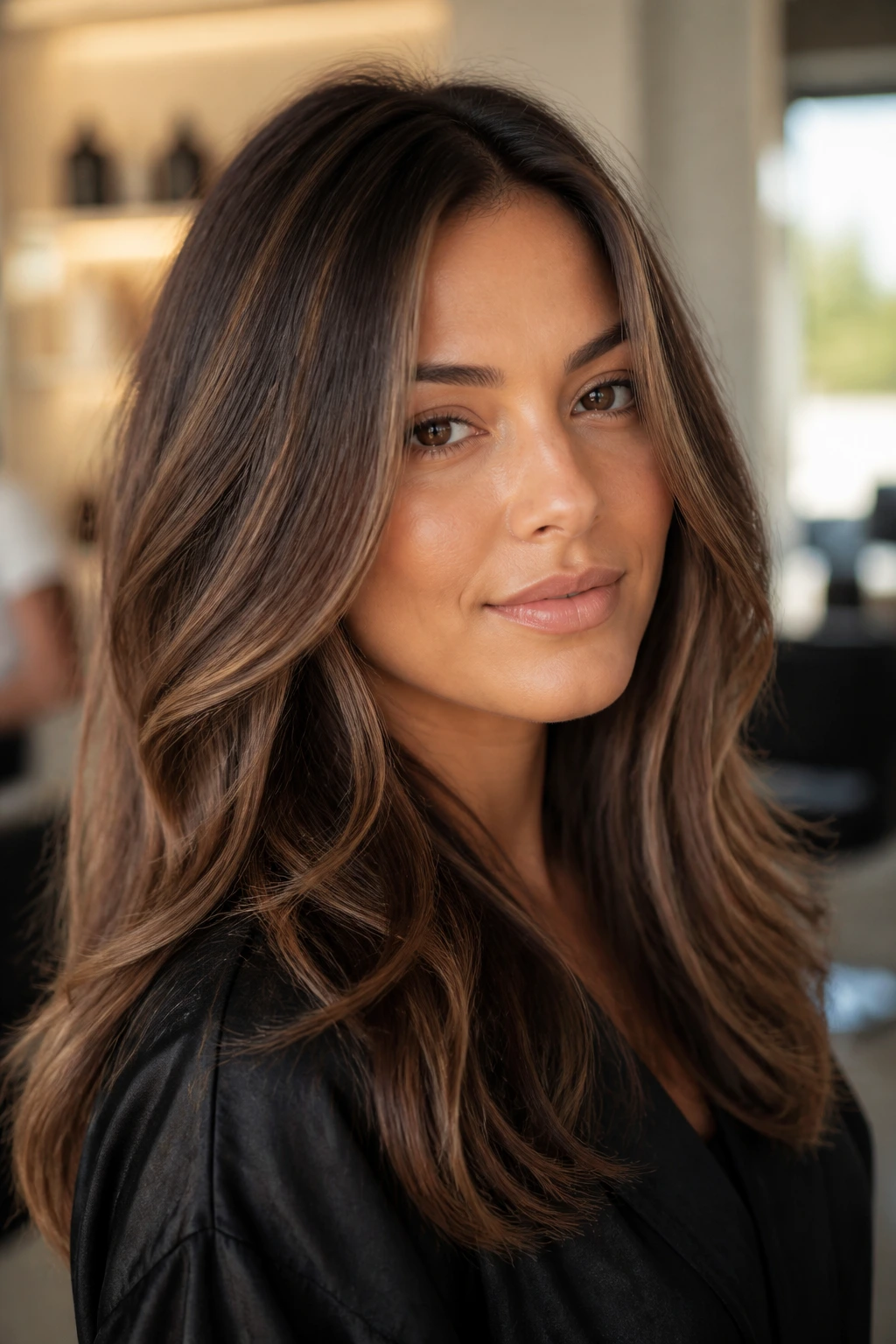 Close-up portrait of a real woman with dark mocha hair and champagne babylights, soft face-framing pieces, warm salon lighting