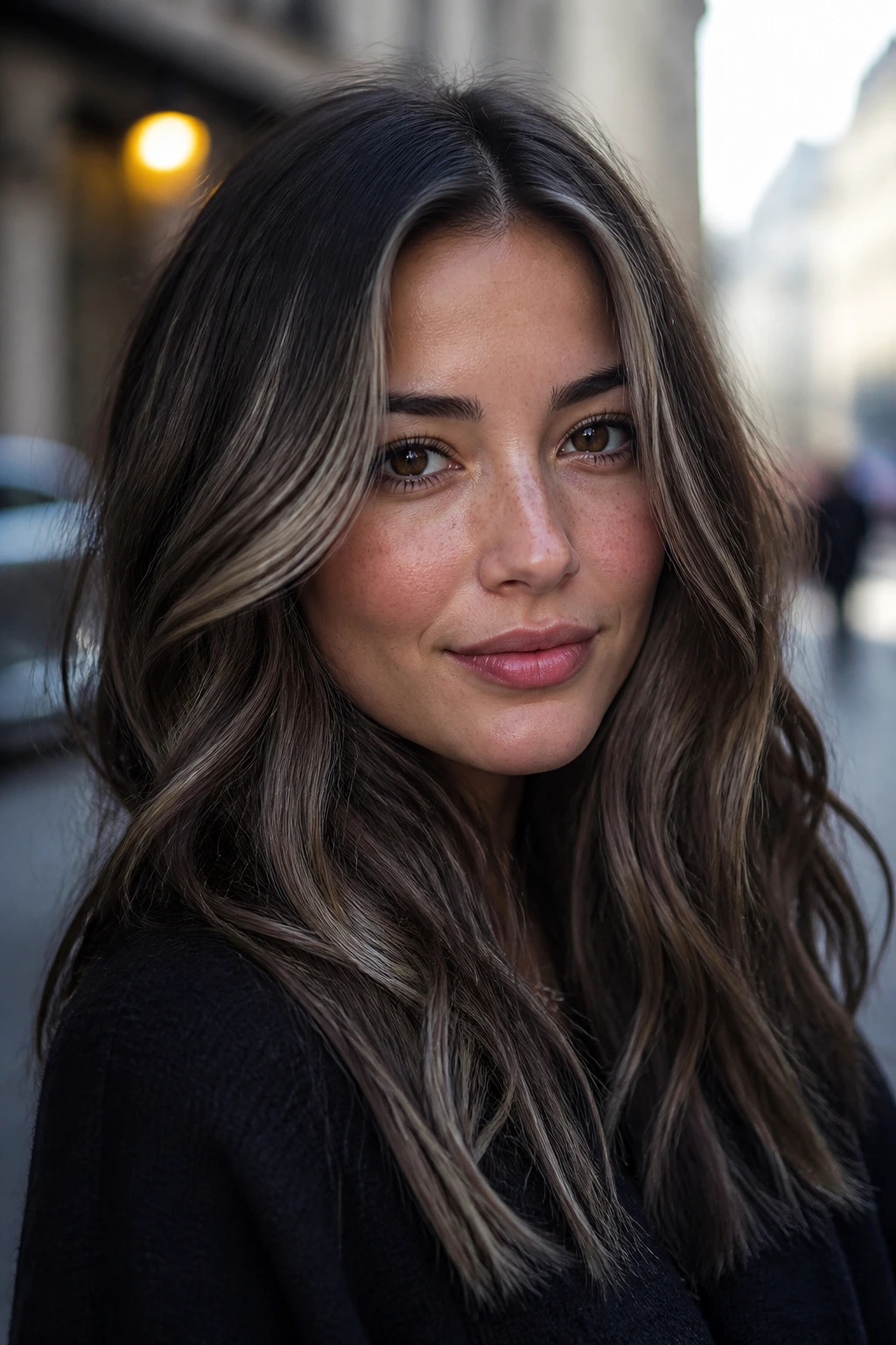 Close-up of dark mocha hair with pearl highlights on a real person in daylight