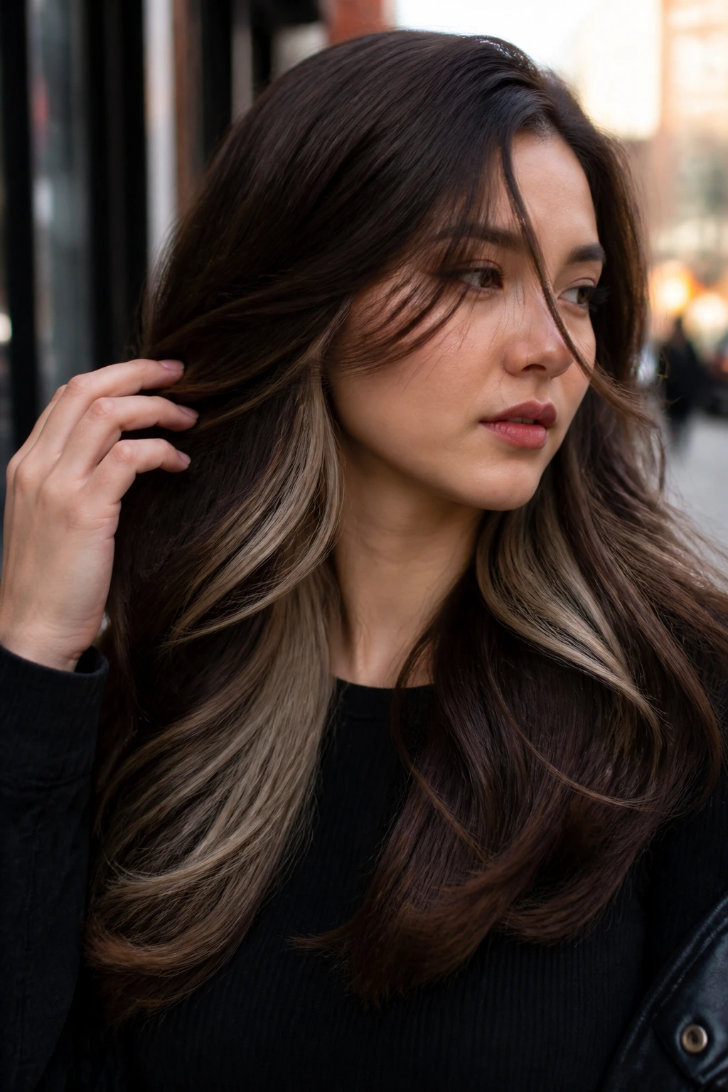 Close-up of a real woman with dark mocha hair and icy beige peekaboo panels in daylight.