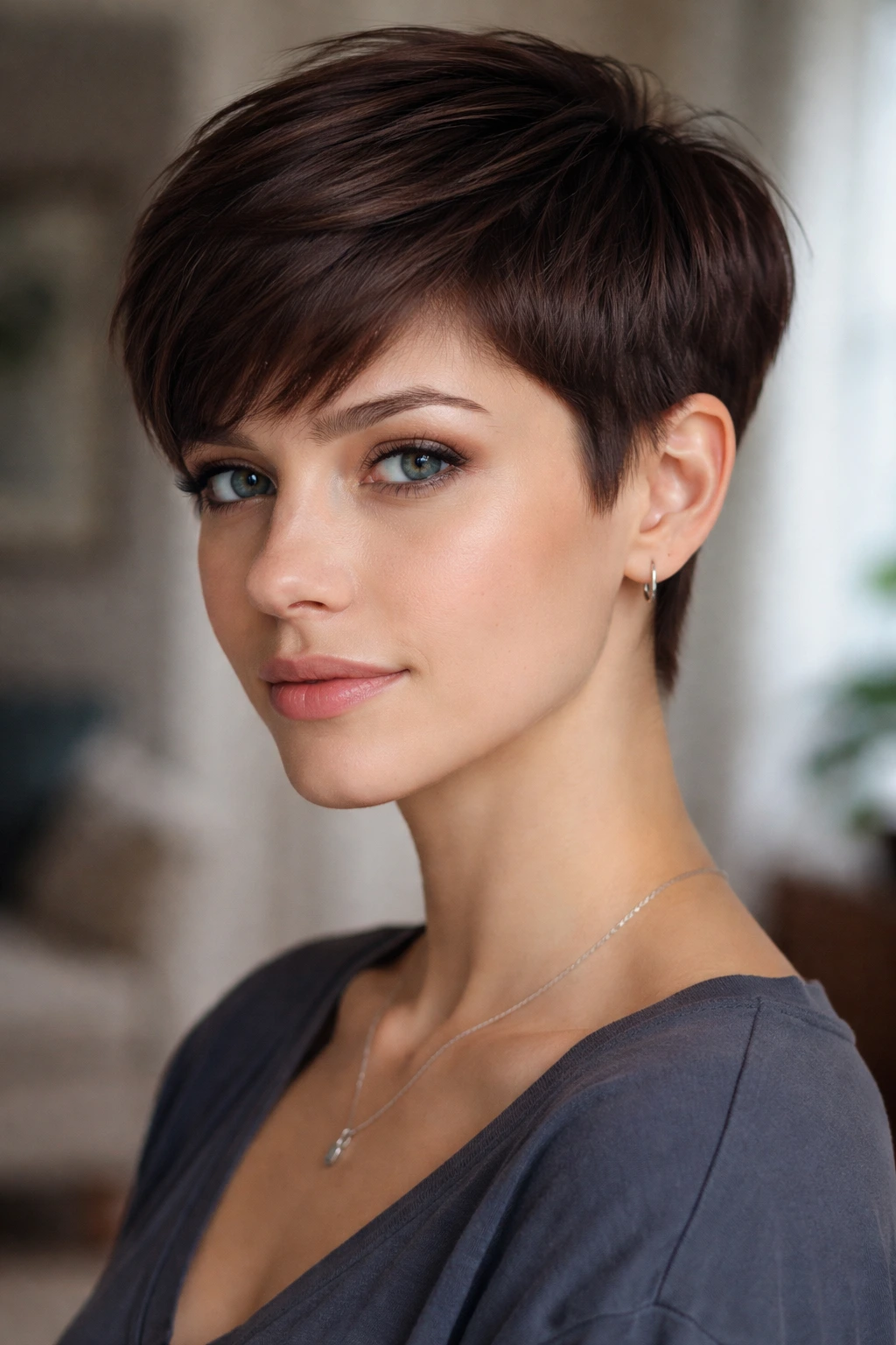 Close-up of a woman with a dark mocha pixie hairstyle in a softly lit room.