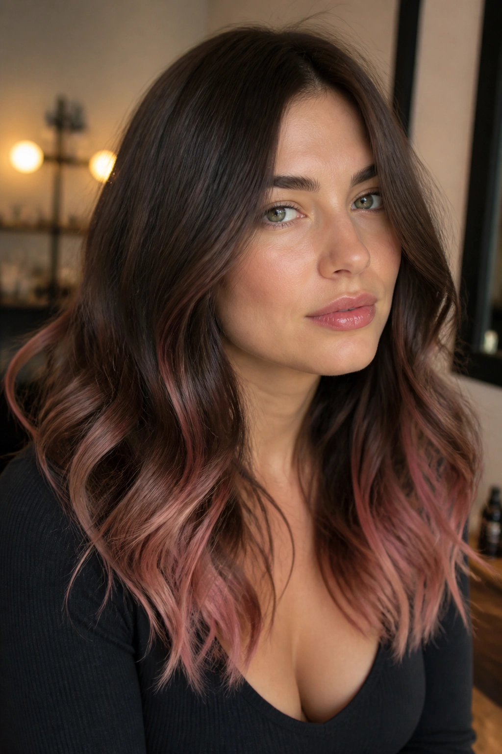 Close-up portrait of a real woman with dark mocha hair and rose quartz tips