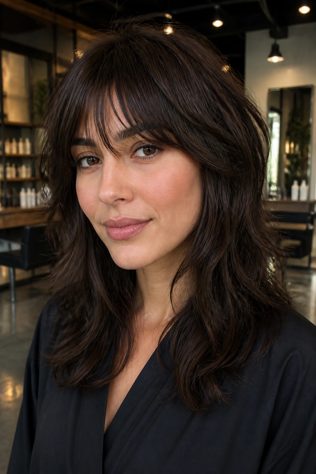 Real person with dark mocha shag color and layered texture