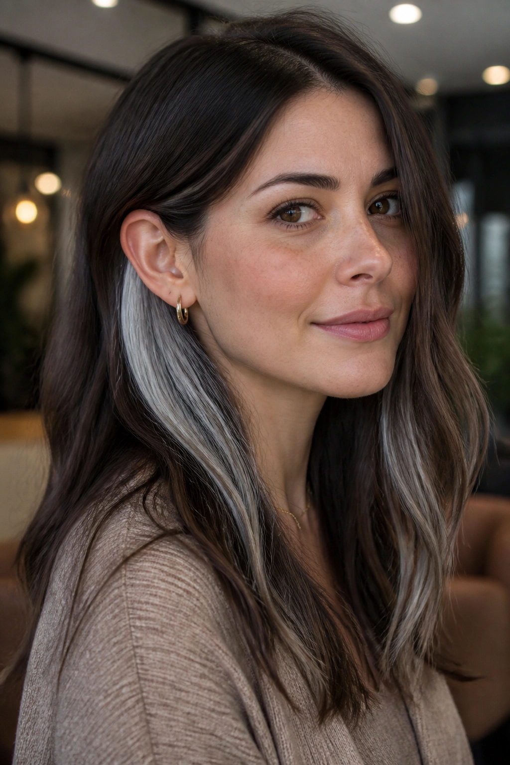 Close-up of dark mocha hair with hidden silver panels under the top layer