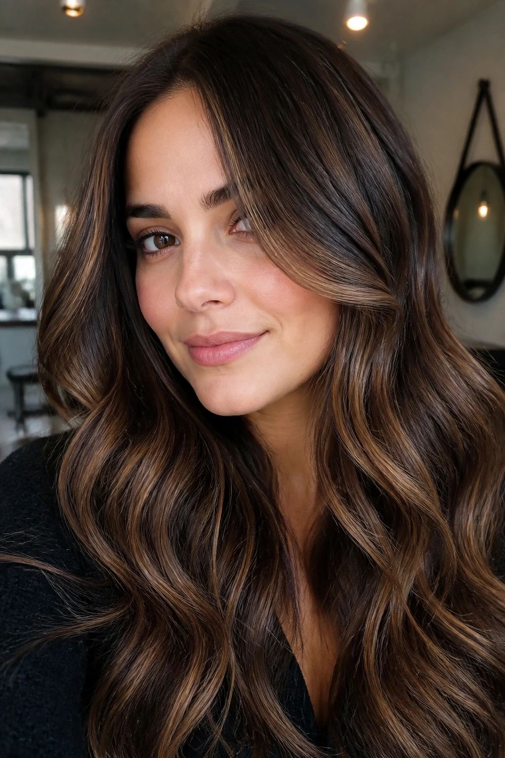 Close-up of a real woman showing dark mocha and walnut ribbons in brunette balayage