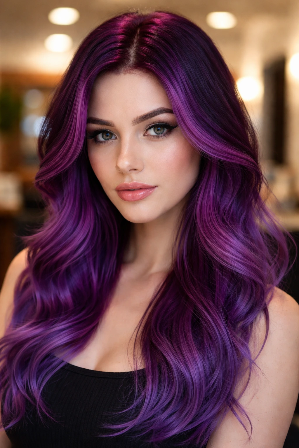 Close-up of a real person with dark orchid roots hair color in a chic salon