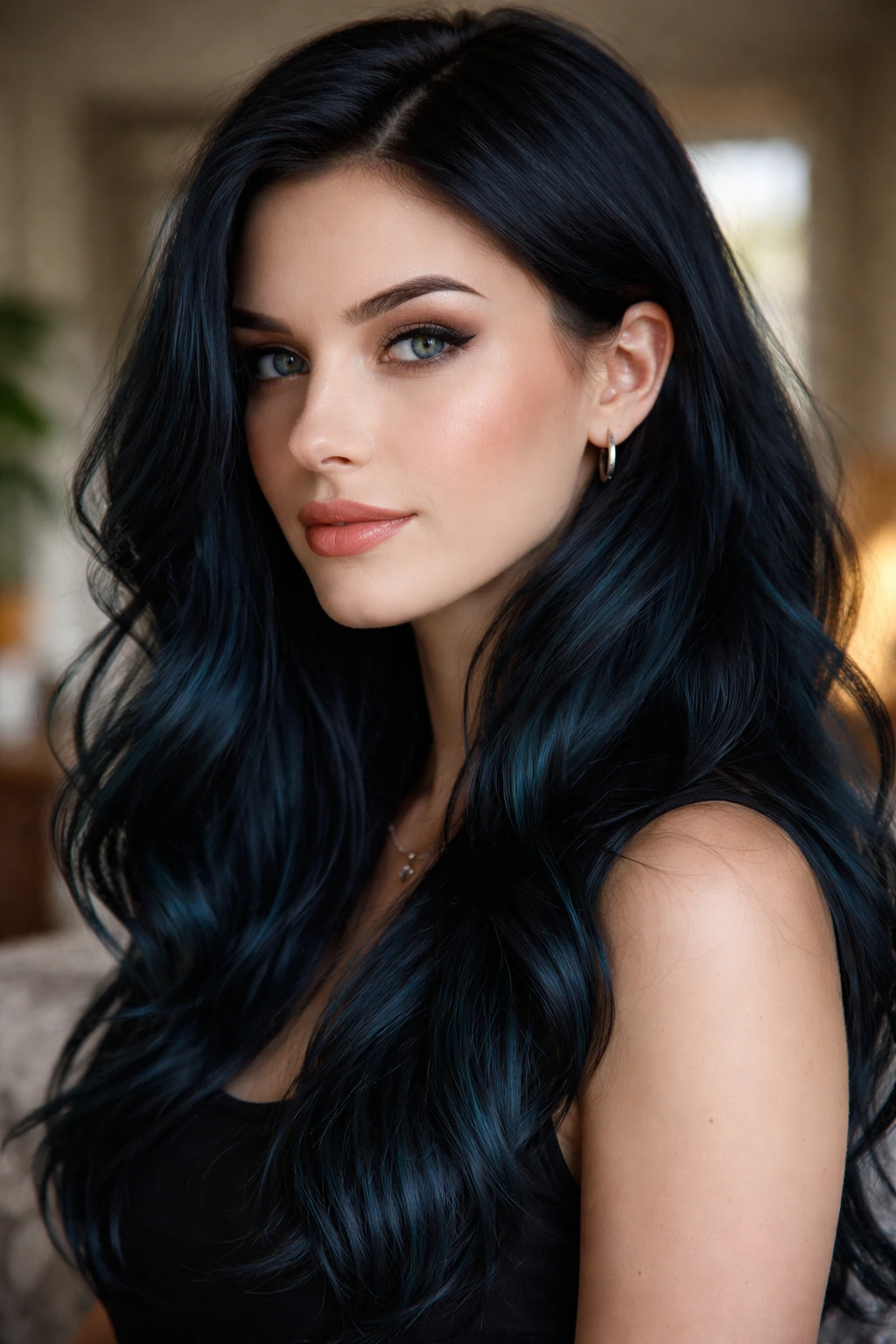 Close-up portrait of a real person with dark petrol blue hair