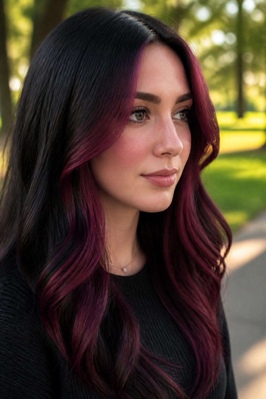 Close-up of a real woman with dark plum face-frame hair