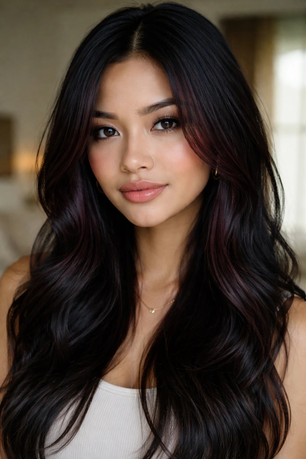 Close-up of a real woman showing dark plum face-framing pieces