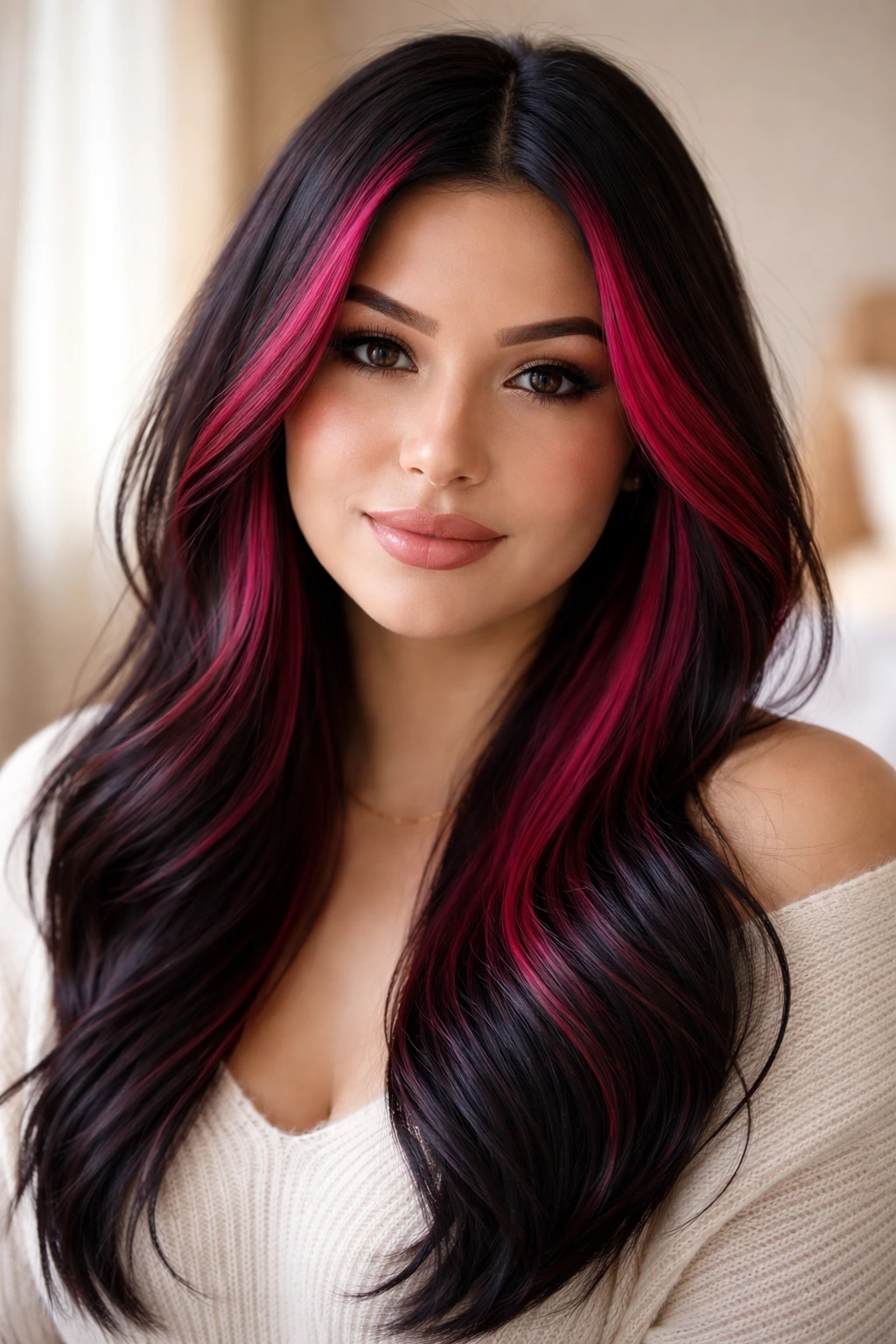 Close-up portrait of a real woman with raspberry face-framing highlights against black hair